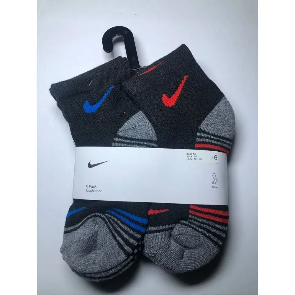 Nike Kids Cushioned Ankle Socks Size 5-7/ Shoe 10C-3Y  6 pack